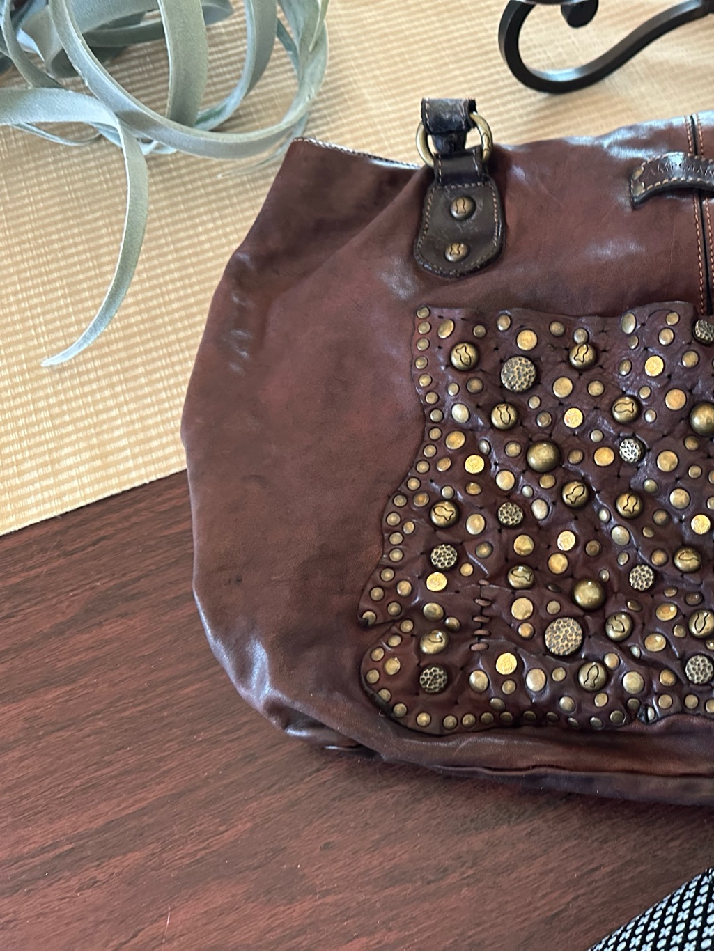 Brown Studded Leather Shoulder Bag- Campomaggi Brand